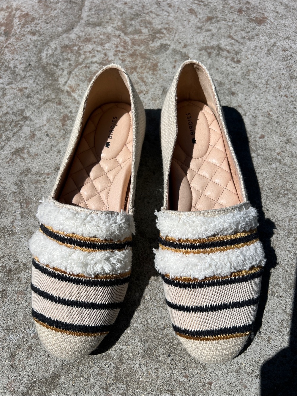 Birdies Cream, Black & Gold Striped Bouclé Slip-Ons